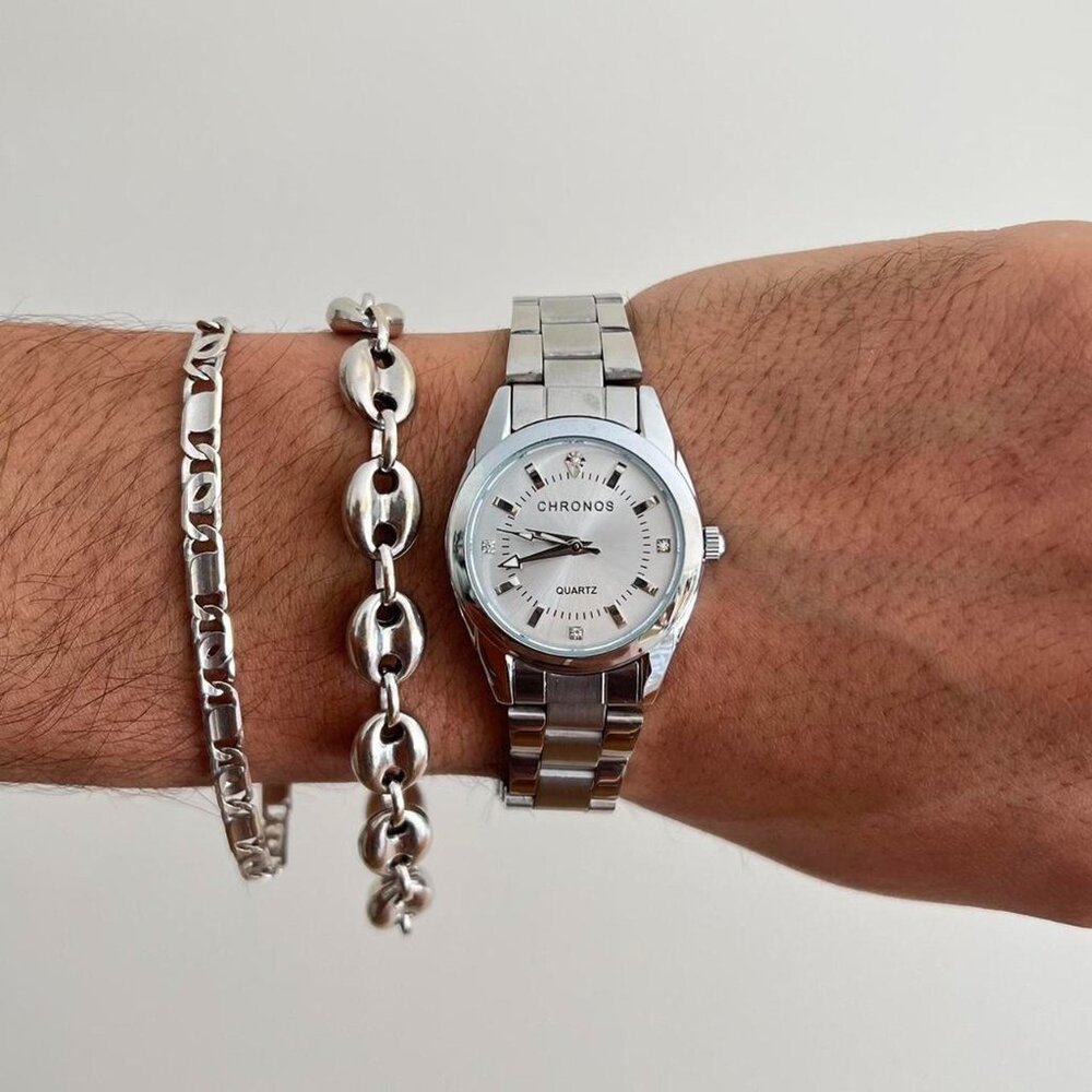 silver classy sporty round stainless steel quartz luxury watch
